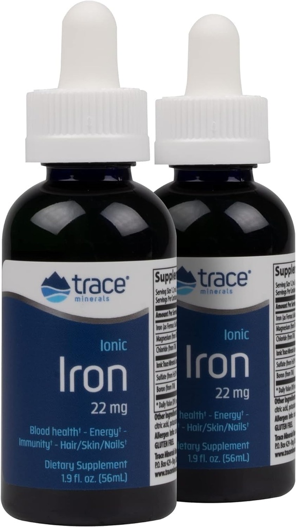 Trace מינרלים Ionic Iron, 22 מ"ג - תוספת לתמיכה באנרגיה עם Magnesium & Iron - Aid Brain Health & Immune System Function - Gluten-Free Liquid Supplement - 1.8 fl oz (2 Pack) (92 משרתים)