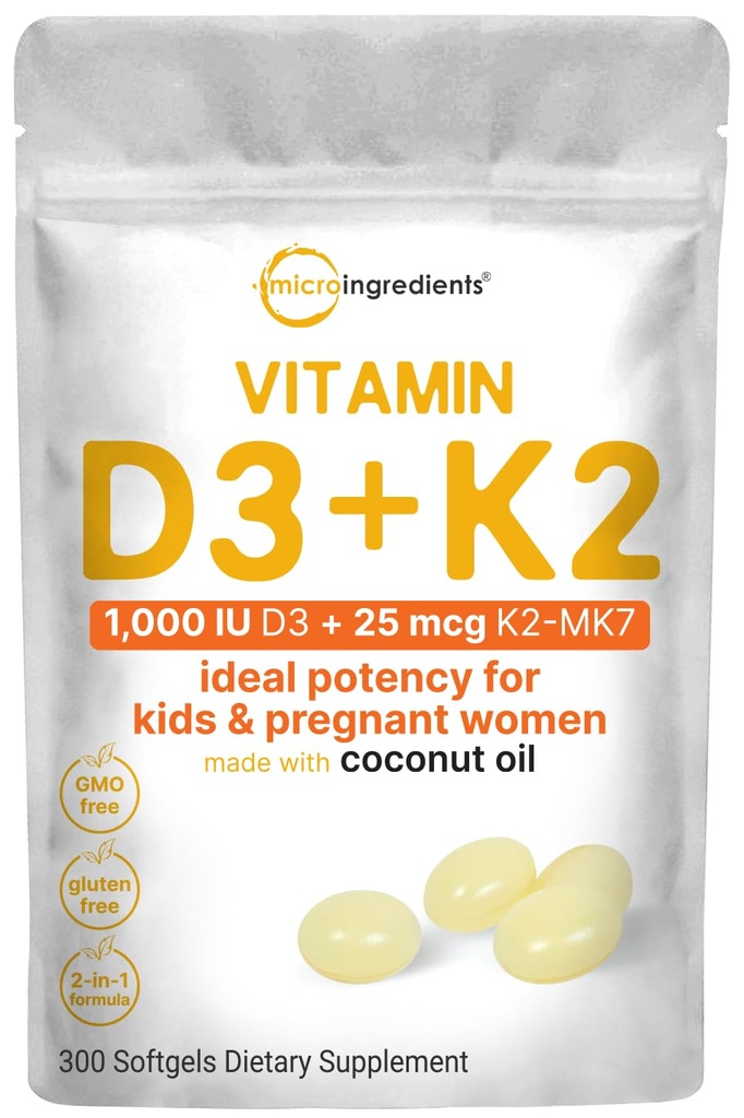 מיקרו Ingredients ויטמין D3 1000 IU + K2 MK-7 25 mcg, 300 Softgels | שמן קוקוס בתולה | 2in-1 העצם, Immune & Heart Support | Easy to Swallow, non-GMO
