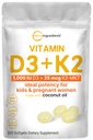 מיקרו Ingredients ויטמין D3 1000 IU + K2 MK-7 25 mcg, 300 Softgels | שמן קוקוס בתולה | 2in-1 העצם, Immune & Heart Support | Easy to Swallow, non-GMO