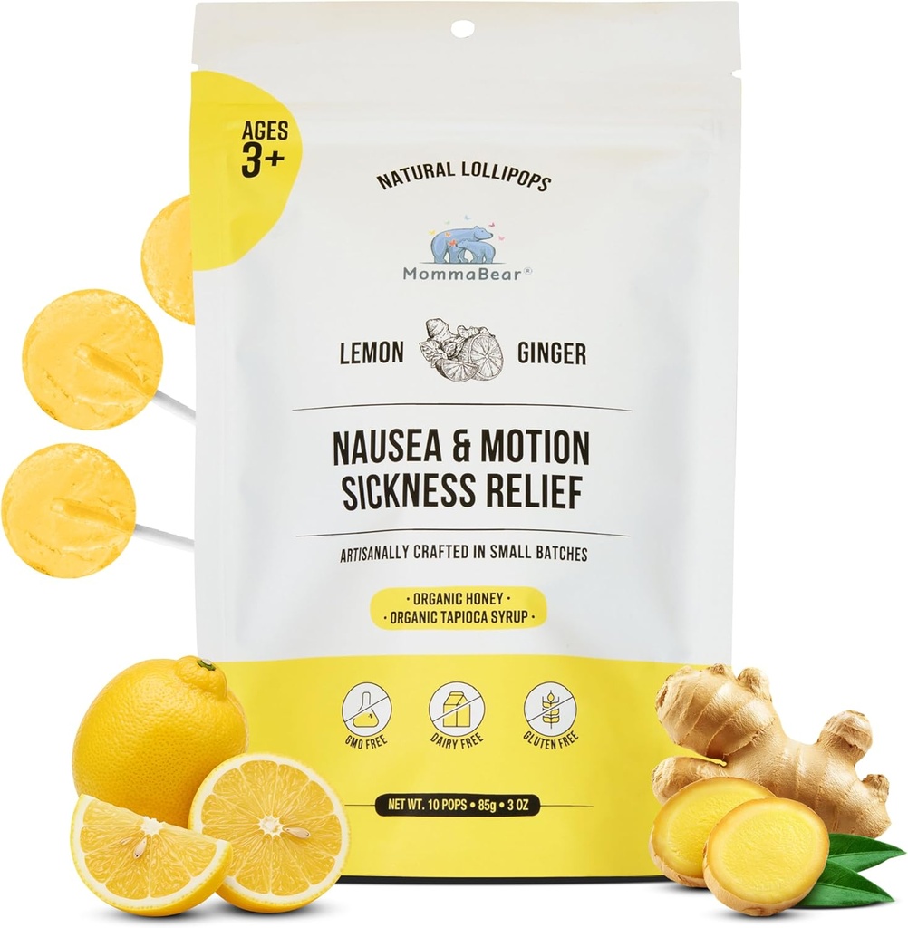 MommaBear Nausea & Motion Diseaseness Lollipops - Non-GMO לימון & הג'ינג'ר ממתקים עבור נוזה - אורגני Lollipops עבור ילדים 3 & נשים בהריון כדי להקל על קשיות - חסם חזק עבור Freshness (10 Pack)