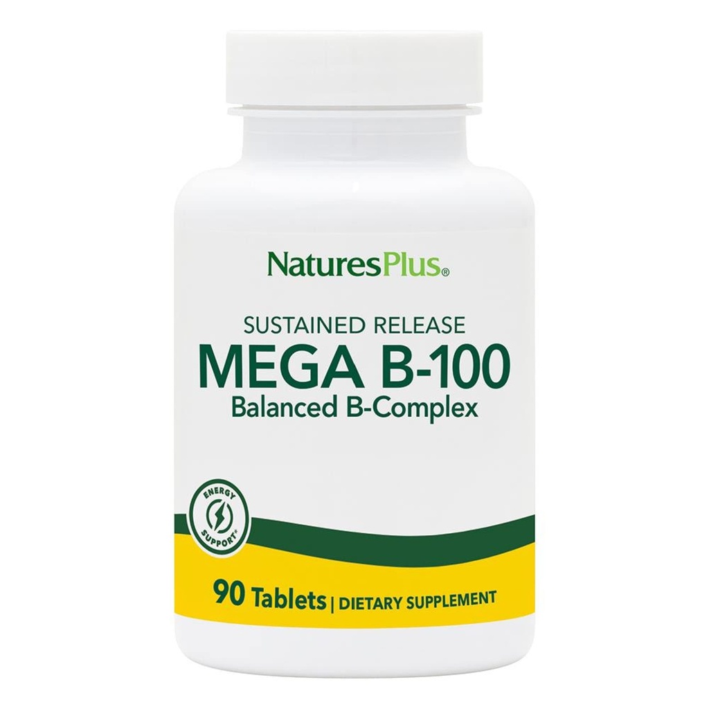 Natures Plus Mega B-100 Complex - 90 טבליות אנדרוטריות - אנרגיה ומוח Booster - Gluten Free - 90 משרתות