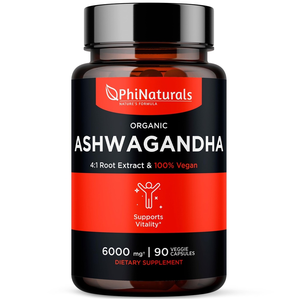 PhiNaturals אורגני Ashwagandha שורש לחלץ קפסולות טבעוניות שווה ל 6000 Mg Root - Ashwaganda תוספת לגברים ונשים עם 1500 Mg Per המשרת 30 משרתים - 500 מ"ג Per Vegan קפסולת 90 הרוזן
