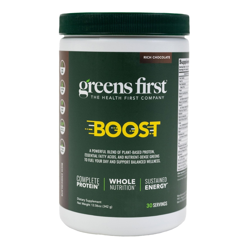 Greens First Boost - צמחי מבוסס חלבון ותזונה - Superfood Shake Mix - No Wheat or Soy - חלב ללא חלב - טבעוני - שוקולד הולנדי, 12.28 oz.