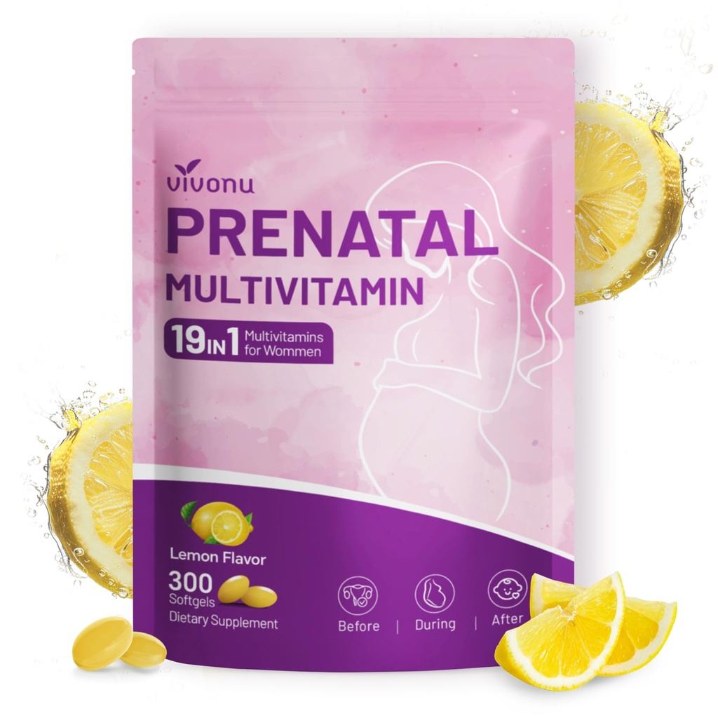 VivoNu 19 in 1 Prenatal Vitamins for Women, Multivitamin, Vitamin C D3, K2, B6, B12 with Folic Acid, DHA, Choline, Probiotic, Iron, Calcium, Zinc & Magnesium, Lemon Flavor, 300 Softgels