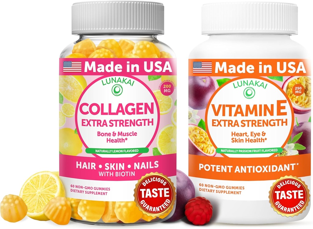 לונהקאי קולאזן ווויטמין E Gummies Bundle - non-GMO Anti Aging תוספים לגברים ונשים - מסטיק טבעי עם ויטמין C & 250 מ"ג טבעי VIT E