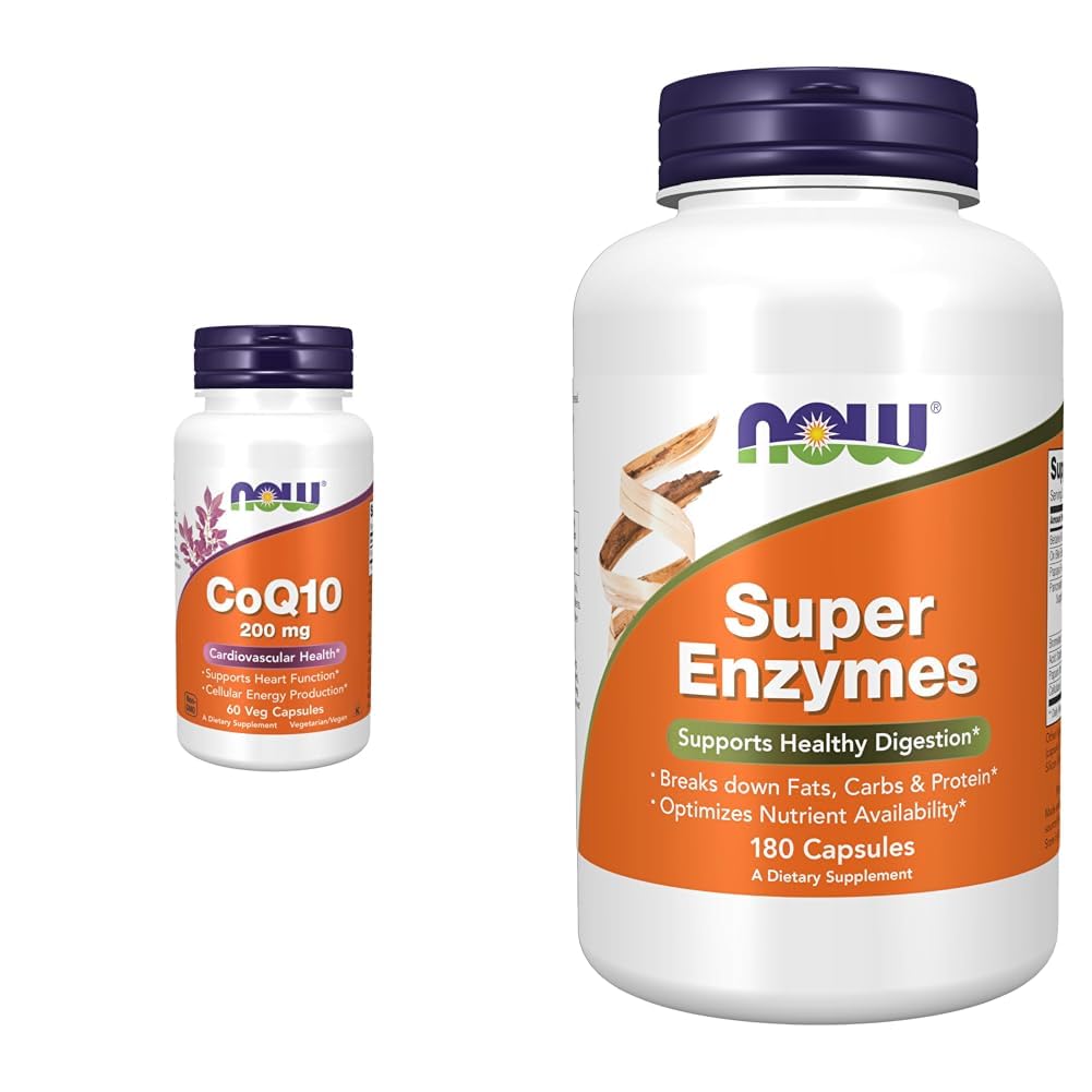 עכשיו תוספים, CoQ10 (Coenzyme Q10) 200 מ"ג, Cardiovascular Health *, 60 קפסולות Veg ותוספים, Super Enzymes, פורמולה עם Bromelain, Ox Bile, Pancreatin ו Papain, 180 קפסולות ו-180 קפסולות