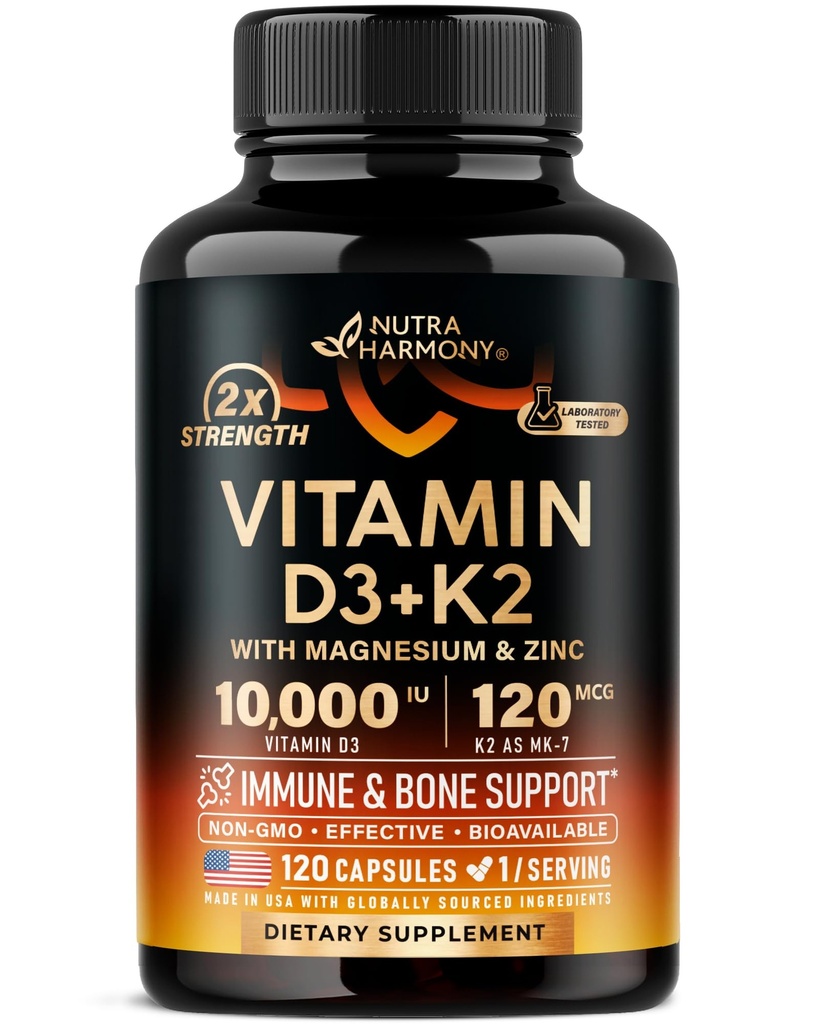 ויטמין D3 K2 - ויטמין D3 10000 iu & K2 כמו MK-7 120 mcg - Immune & Mood תמיכה, עבור עצמות ושיניים בריאות - עם Magnesium, Zinc & ויטמין C & B12 - Highly Bioavailable - Made in USA, 120 קפסולות