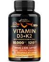 ויטמין D3 K2 - ויטמין D3 10000 iu & K2 כמו MK-7 120 mcg - Immune & Mood תמיכה, עבור עצמות ושיניים בריאות - עם Magnesium, Zinc & ויטמין C & B12 - Highly Bioavailable - Made in USA, 120 קפסולות