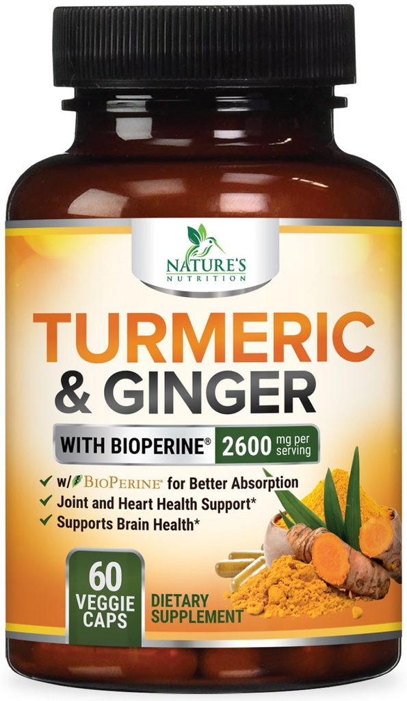 תוסף Turmeric Curcumin 2600mg - עם אורגני ג'ינג'ר & Turmeric, BioPerine Black Pepper לחלץ 95% Curcuminoids - Advanced Absorption Joint & Antioxidant תוספת תמיכה - 60 קפסולות