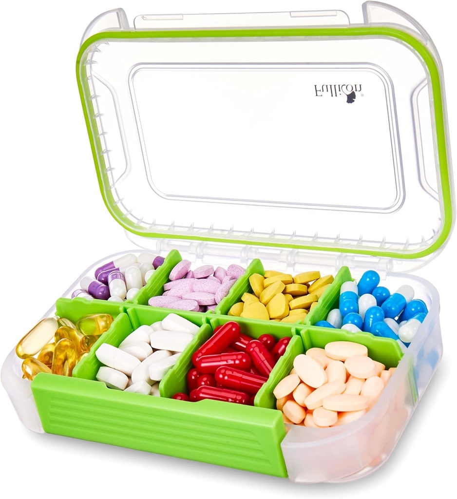 Fullicon Large Pill מארגנת עם 8 השוואתיות, Moisture Proof Travel Pill Box with Removable Divider, Daily Pill Container with Lables, Pill Case for ויטמין, שמן דגים, תוסף (Clear Green)