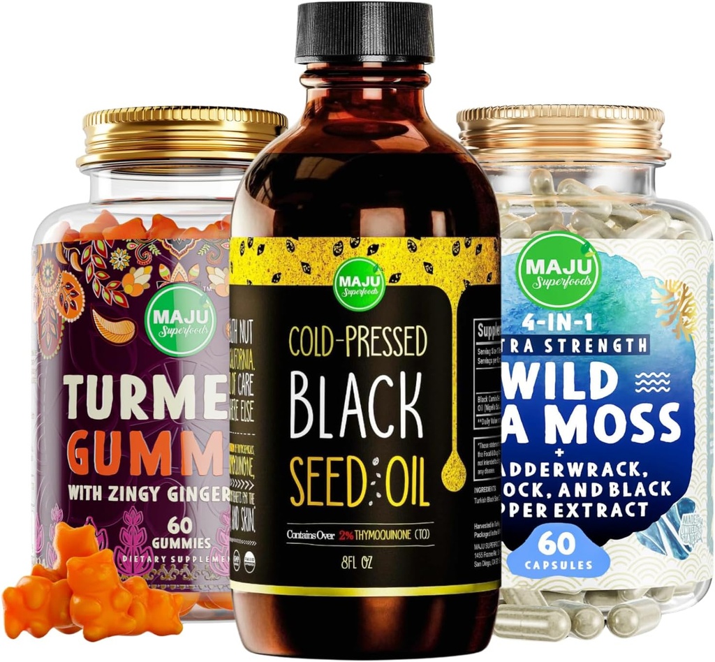 Magu Superfoods Black Seed Oil, 4in-1 Sea Mosss כמוסות ו Turmeric Curcumin ג'ינג'ר חניכיים