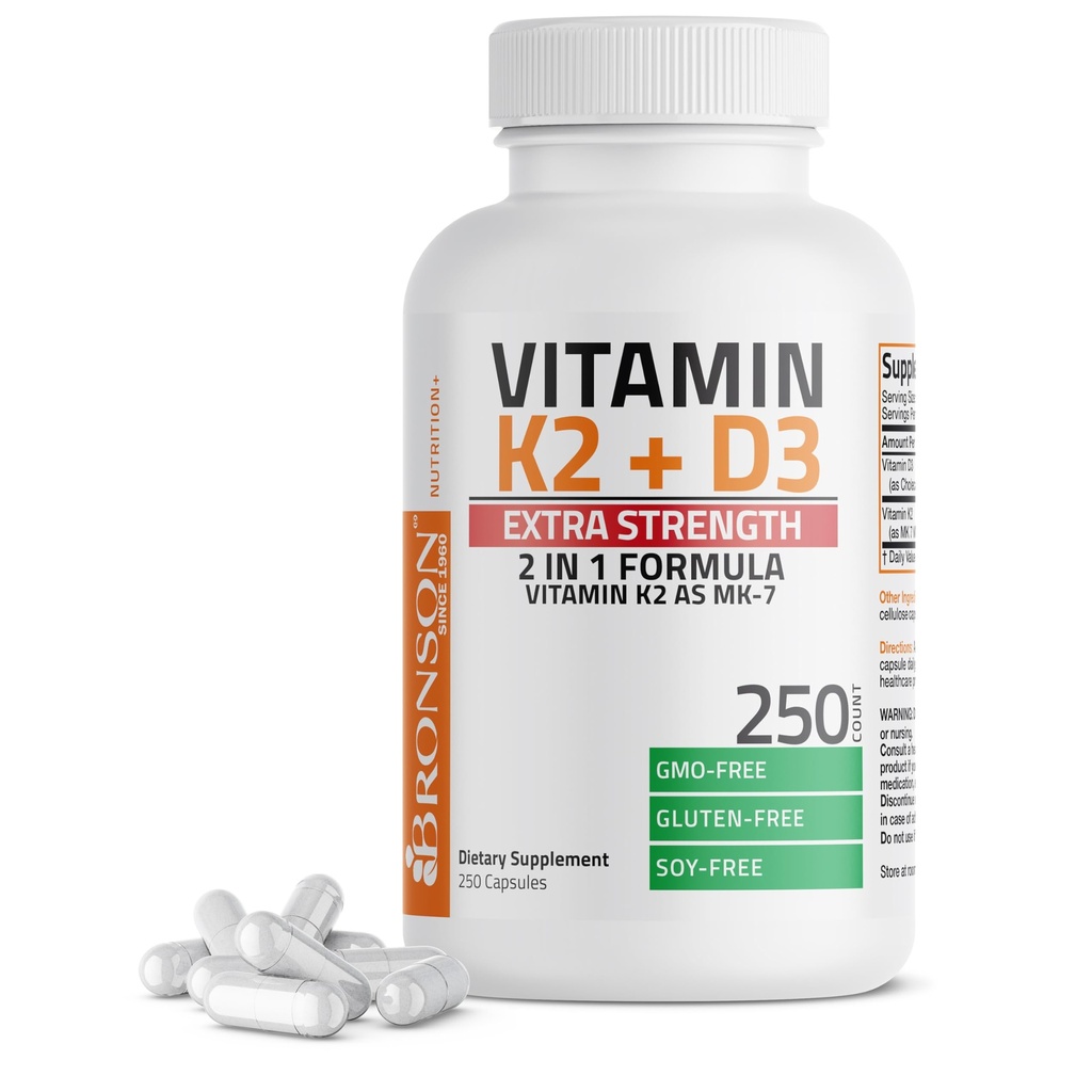 Bronson Vitamin K2 (MK7) with D3 Extra Strength Supplement Bone and Heart Health Non-GMO Formula 10,000 IU Vitamin D3 & 120 mcg Vitamin K2 MK-7 Easy to Swallow Vitamin D & K, 250 Capsules