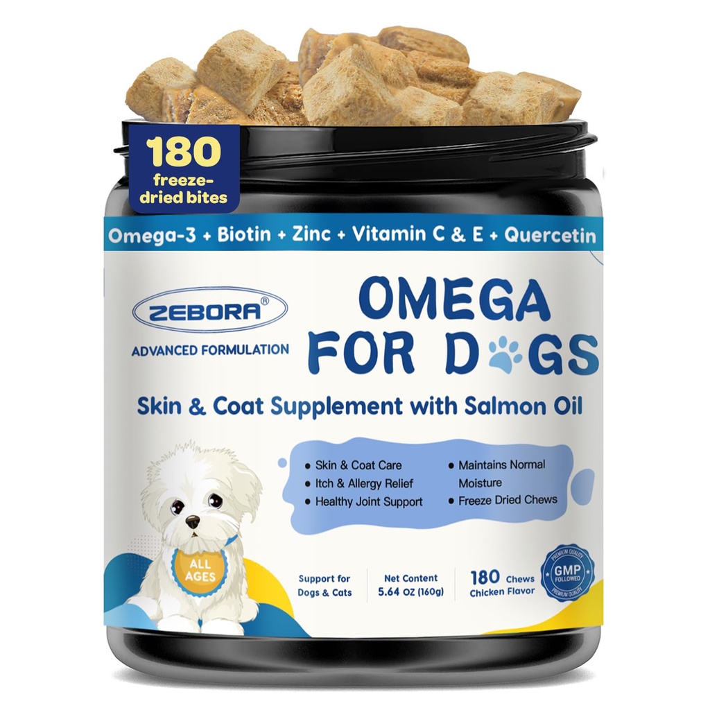 ZEBORA Salmon Oil for Dogs, Omega 3 Fish Oil for Dogs Skin and Coat with EPA & DHA, Zinc, Biotin, Quercetin, Vitamin C & E for Dog Allergy Relief, Hot Spot Treatment, Control Dog Shedding, 180 Chews
