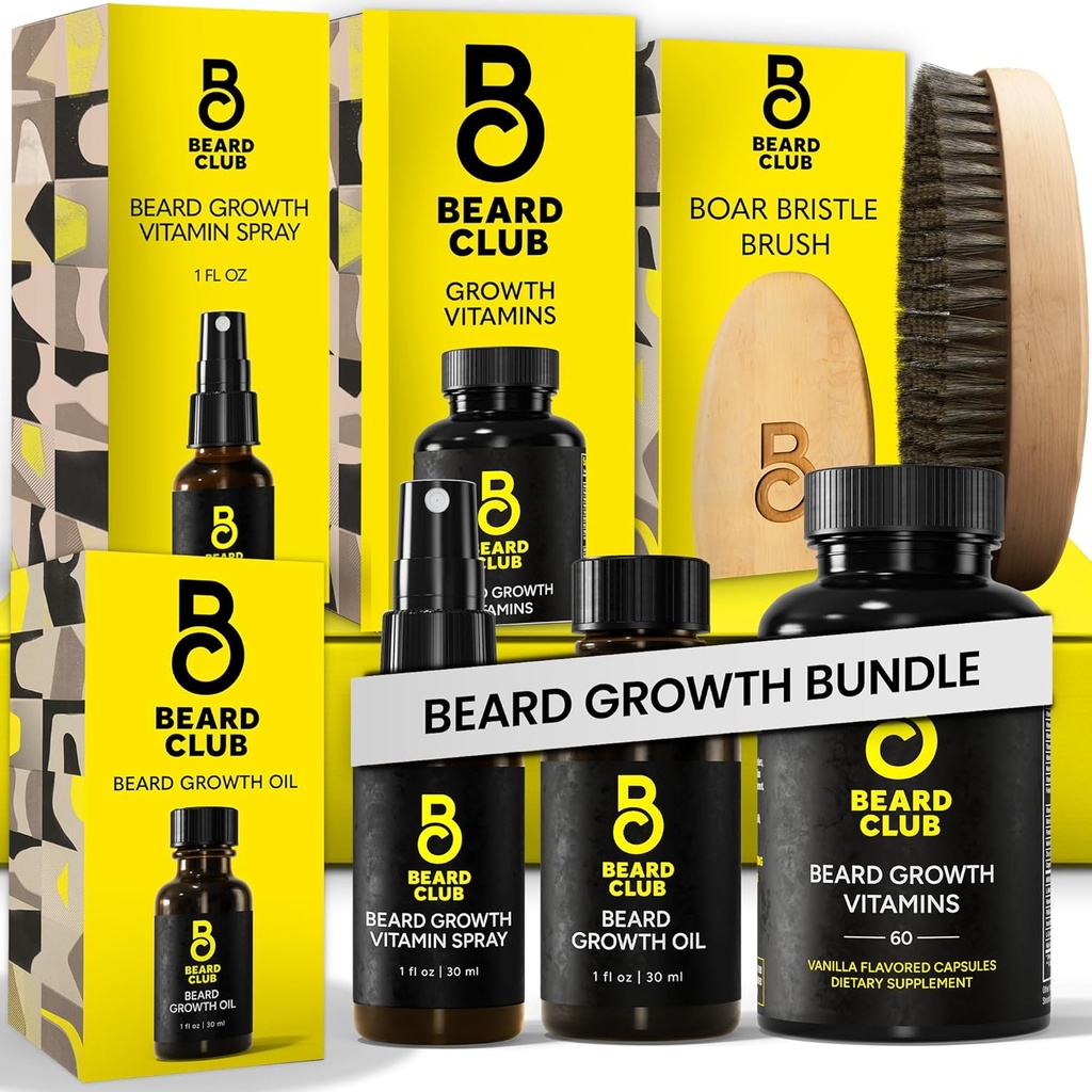 Beard Club Premium Beard Growth Kit - growth Oil, ויטמינים, ויטמין Spray & Boar Bristle Brush - Gift Set