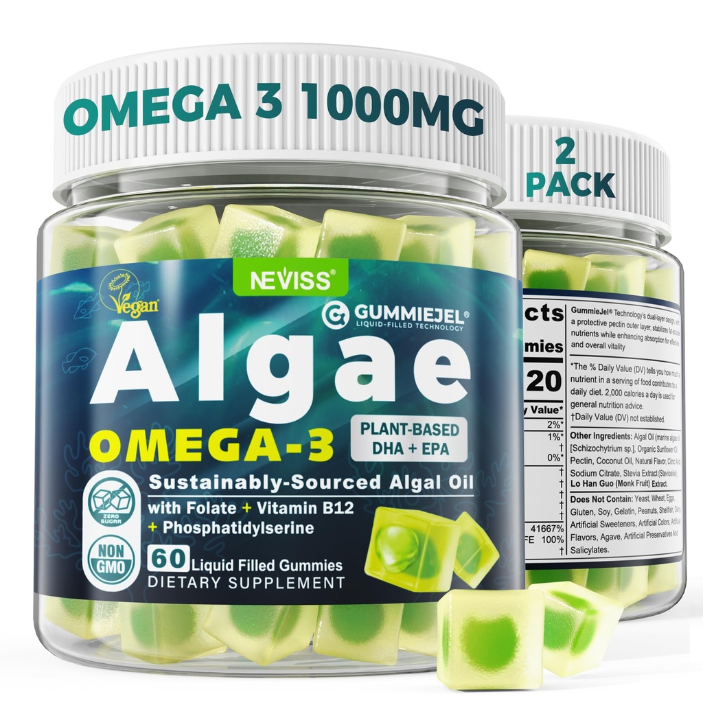 2 Pack Algae אומגה 3 Gummies 1000 מ"ג, Plant Based DHA 460 מ"ג ו EPA 230 מ"ג, אומגה 3 שמן דגים אלטרנטיבי למבוגרים, Plus MethylFolate, ויטמין B12, Phosphatidylserine, No Fishy Taste, סוכר חינם חינם סוכר