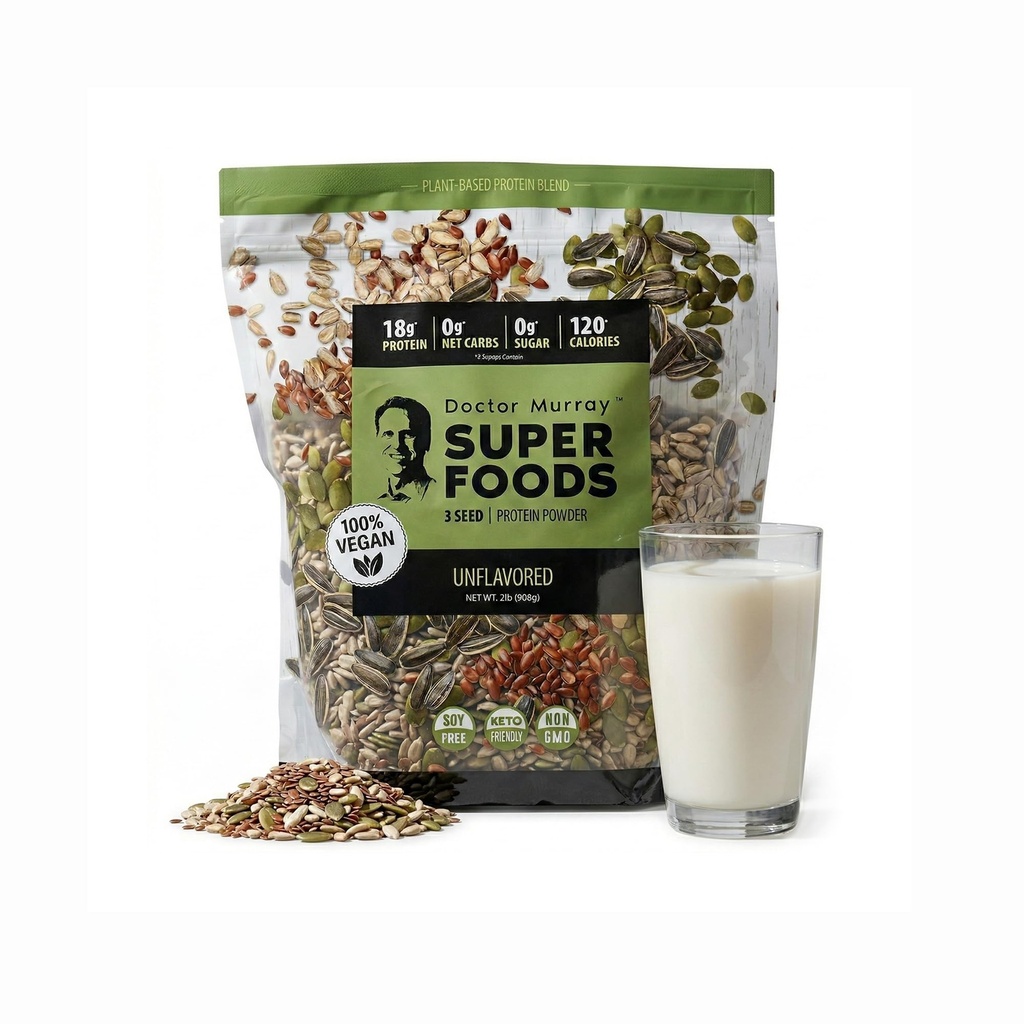 Dr. Murray's Super Foods 3 Seed Protein Powder - Pumpkin Flax Sunflower | Vegan Plant Protein | No Artificial Additives | GMP Certified | Unflavored, 1 lb.