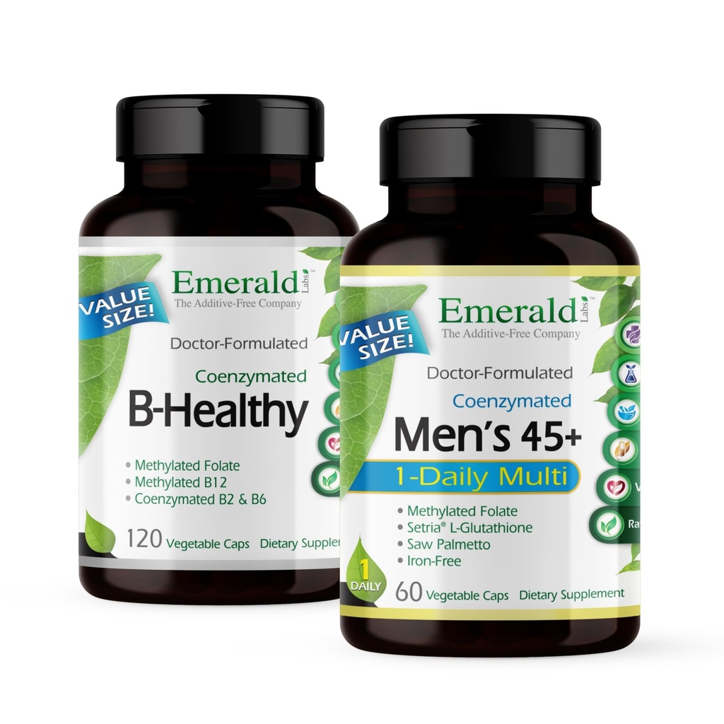 EMERALD LABS Bundle עם B בריא (120 Veg Caps) & Men's 45+ 1-Daily (60 Veg Caps) - ויטמין B מורכב עם ויטמין B ספקטרום מלא - Multivitamin של גברים עם CoQ10, Lycopene & More