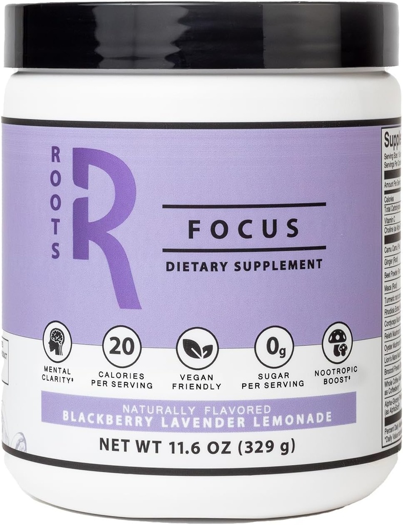 Silver Star Nutrition, Roots Focus Nootropic Brain Supplement - BlackBerry Lavender Lemonade, Band of Lion's Mane, Cordyceps, & Reishi Functional Mushrooms + Extended-Release Caffeine, 50 משרתים