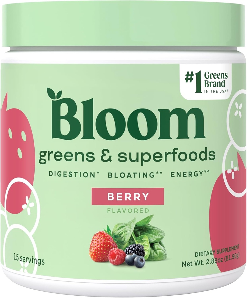 Bloom Nutrition Superfood Greens אבקת, Enzymes w/Probiotics & Prebiotics, Gut Health, Bloating Relief for Women, Chlorella, 15 SVG (15 משרתים (Pack of 1), ברי)