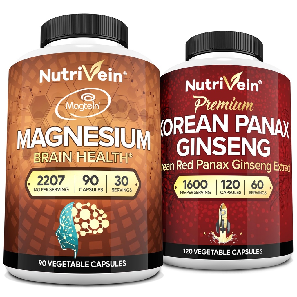 Nutrivein Premium Magnesium L-Threonate & Panax גינזנג תוסף Bundle: High-Absorption Magnesium Threonate ו Red גינזנג תוספת Pair עבור המוח, Mood, Vitality