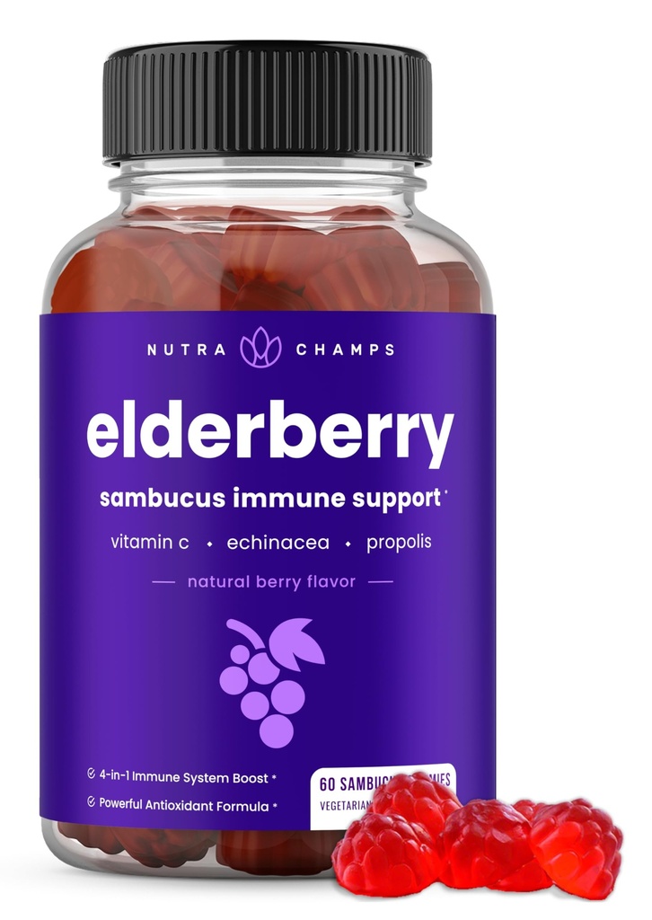 NutraChamps Elderberry Gummies עם ויטמין C, Propolis & Echinacea - מערכת החיסון לתמוך בויטמינים של מבוגרים וילדים - מקס כוח 200 מ"ג סמבו אנטיחמצן