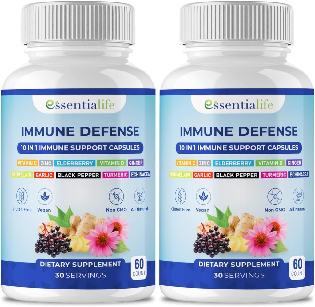 Immune Support Supplement - 2 Packs 10 ב 1 Elderberry, Echinacea, ויטמין D, ויטמין C 1000mg & Zinc תוסף - עם Immune Booster למבוגרים - 120 ויטמינים קפסולות