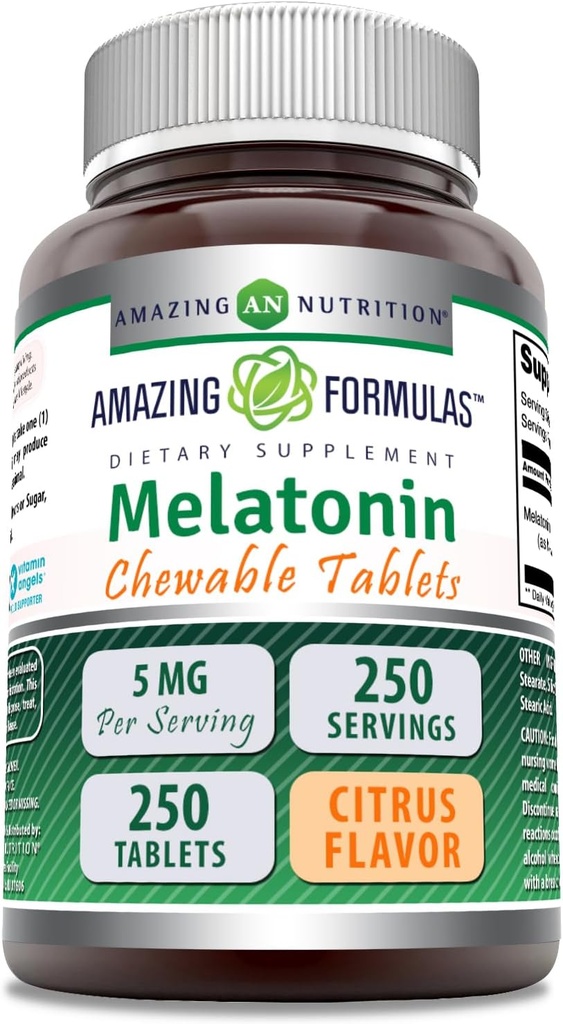 פורמולה מדהימה Melatonin Chewable תוסף | 5 Mg Per Serve | 250 Tablet | Non-GMO | Gluten-Free | Made in USA (Citrus Flavor)