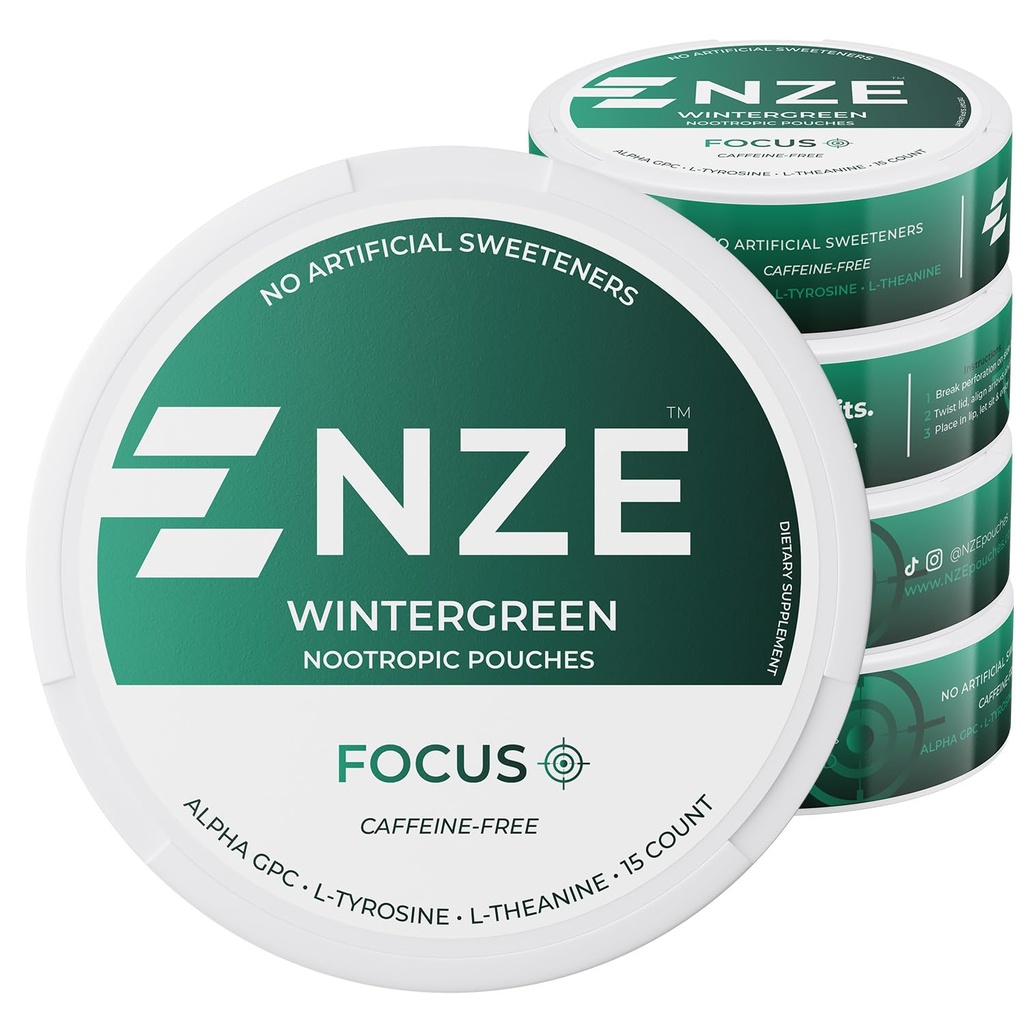 NZE Caffeine Free Nootropic Pouches (Wintergreen) - Nootropic Pouches with Alpha GPC, L-Tyrosine & L-Theanine - No Sugar or Artificial Sweeteners - 15 Pouches Per Can - 5 Pack