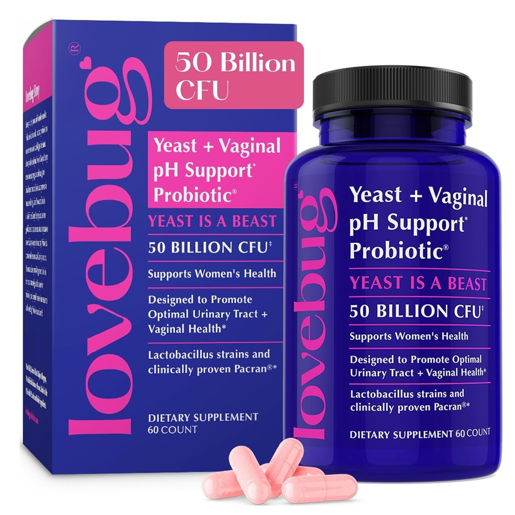 Lovebug Yeast ו Vaginal Probiotics עבור נשים pH Balance & Urinary Tract, 50 מיליארד CFU, UTI, BV, Odor תמיכה עם Lactobacillus, Bifido חיידק, Digestive & Vaginal בריאות 60 קפסולות תוסף 60 קפסולות