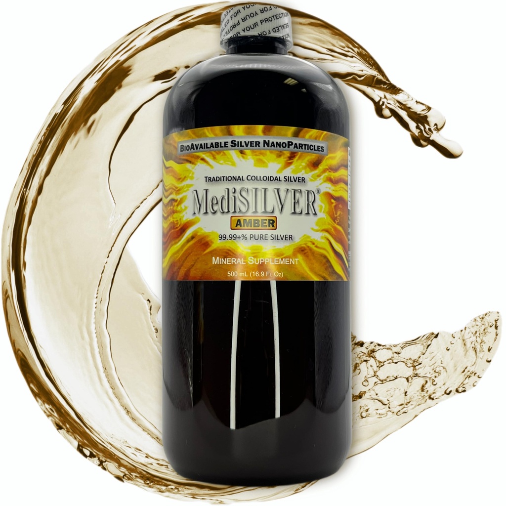 MediSILVER Amber Traditional Colloidal Silver Dietary Supplement - 500 mL (16.9 Fl Oz) in Amber BPA-Free Plastic Bottle