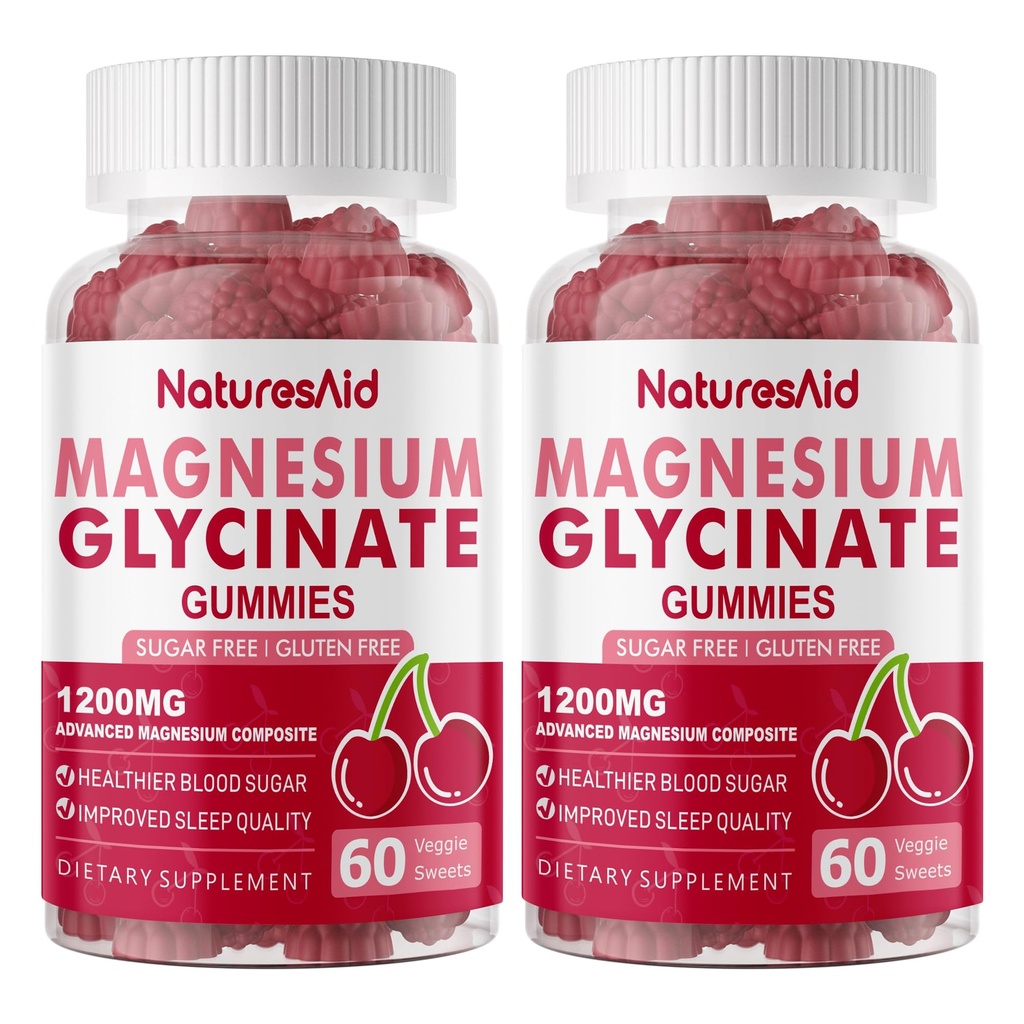 Magnesium Glycinate Gummies 1000mg - סוכר חינם Magnesium Potassium תוספת עם ויטמין D, B6, CoQ10 עבור Calm Mood & Sleep Support - 120 חניכיים צ'רי -2 Pack.
