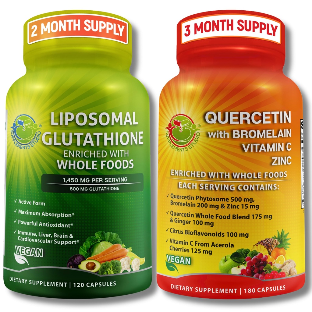 Liposomal Glutathione 500 מ"ג & Quercetin עם Bromelain, Zinc, ויטמין C - Antioxidant & Immune תמיכה Bundle עם כל אורגני לנדלות מזון - טבעוני, non-GMO Respiratory בריאות פורמולה