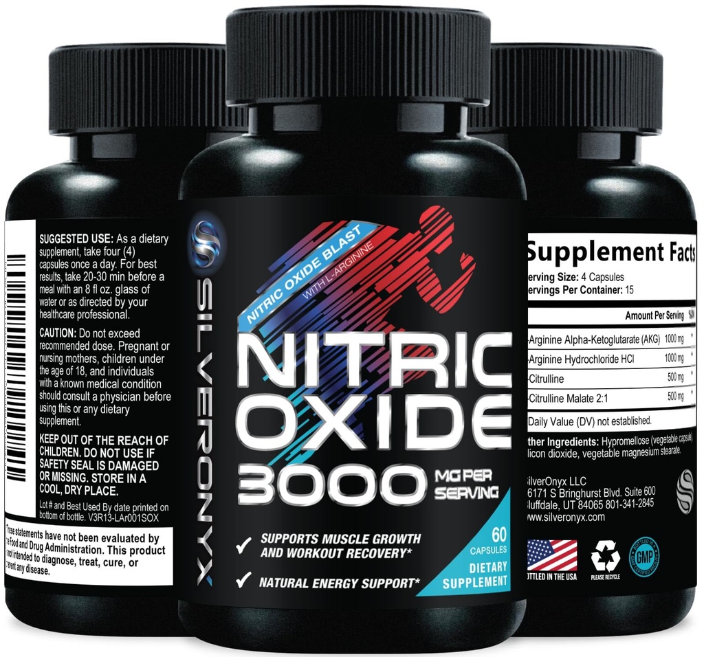 תוספת כוח Nitric Oxide תוסף 3X חיזוק L Arginine, Citrulline Malate, AAKG, Beta Alanine - Premium שרירים תמיכה Nitric Booster - אנרגיה טבעית ותמיכה בריאות הלב - 60 קפסולות