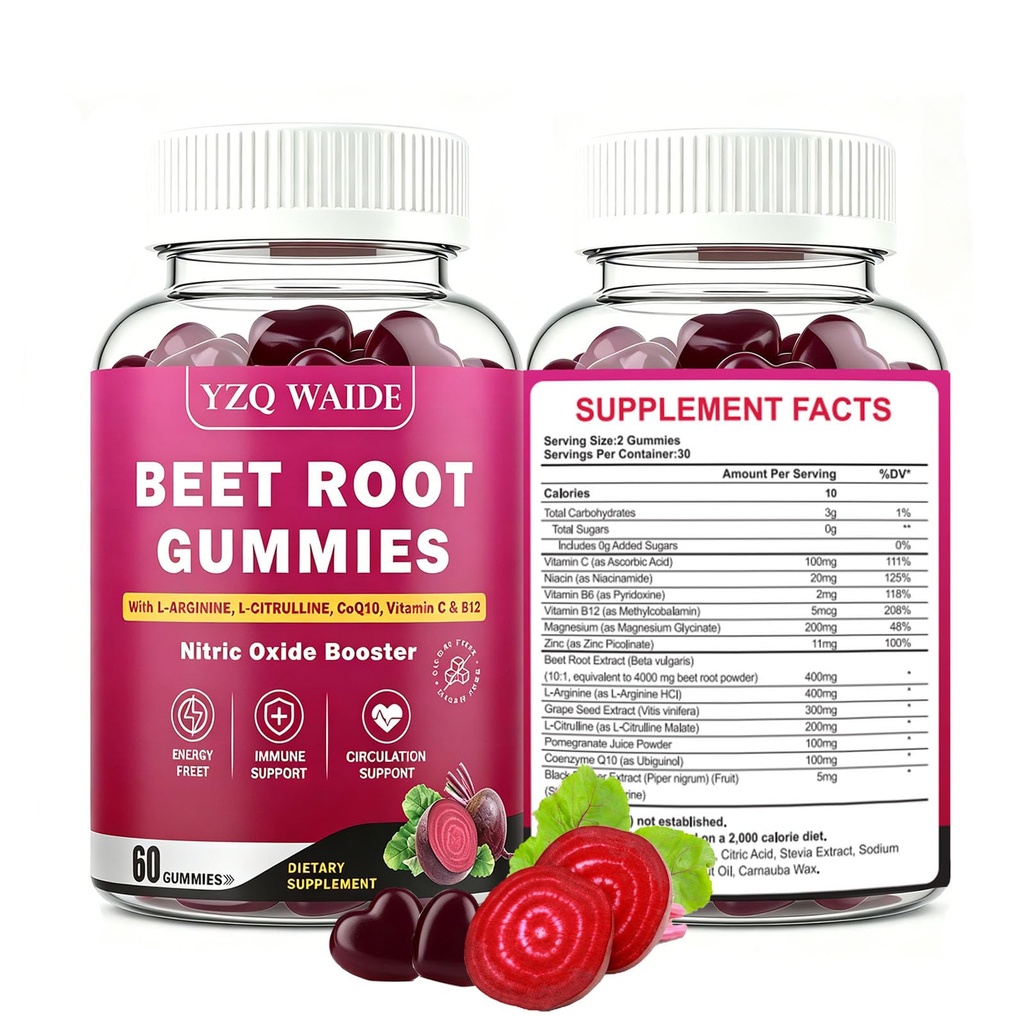 Beet Root Gummies, Nitric Oxide Booster Supplements with Beetroot, COQ10, L-Citrulline & L-Arginine Muscle & for Endurance, Performance- Sugar Free, Non-GMO, Cherry Flavor, 60 Count
