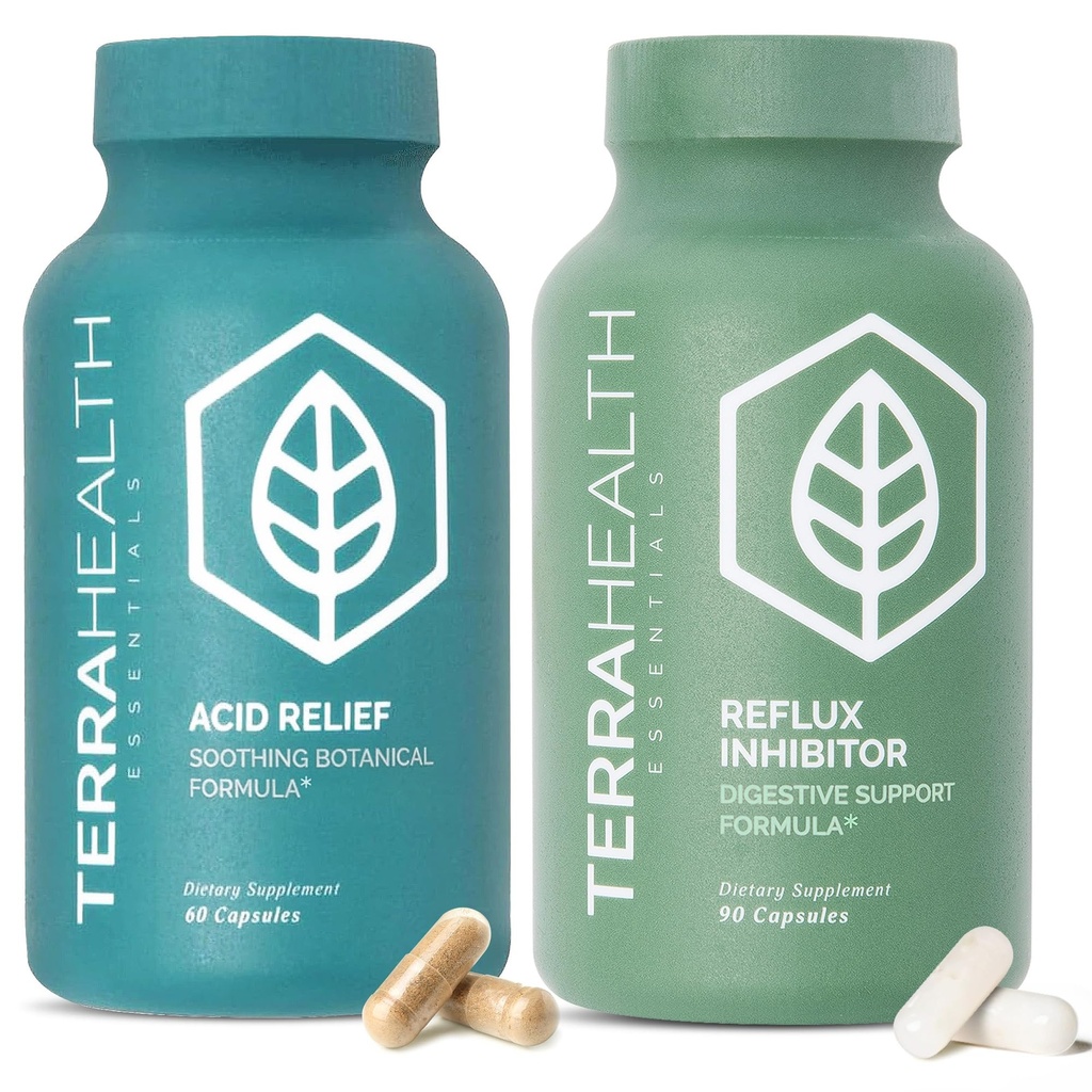 Terra Health Essentials Acid Balance & Digestive Support Bundle - Plant Based Acid Relief Supplement with Slippery Elm, DGL Licorice - Reflux Inhibitor Digestive Support with Pepsin, Betaine HCL