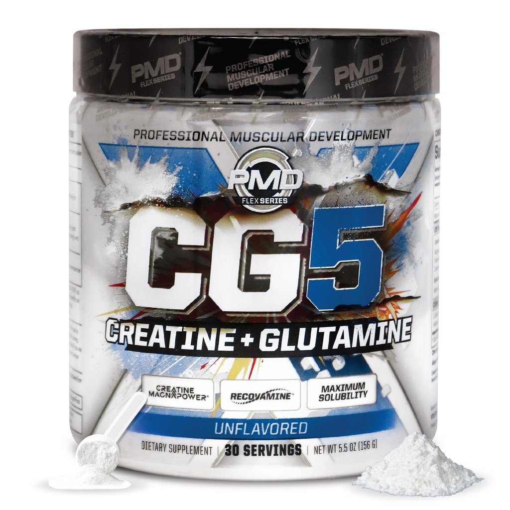PMD Sports CG5 Premium Creatine & L Glutamine Powder, Power Recovery, Build Lean Muscle, Increase Workout Performance, Maximum Strength Pre Workout & Post Workout, Unflavored, 30 Servings
