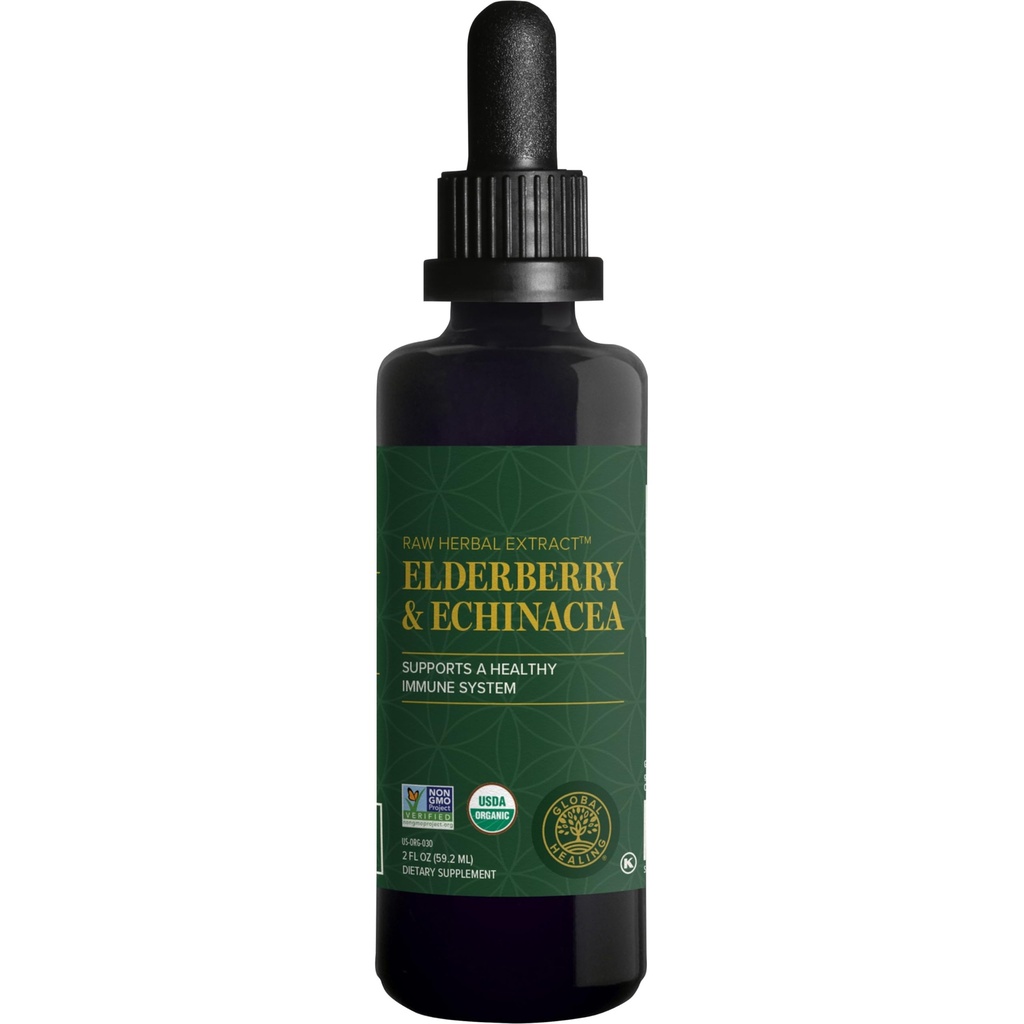 Global Healing USDA Organic Elderberry & Echinacea נוזל תוסף Tincture | תמיכה ב- Antioxidant Immune Against Harmful Organisms for Adults and Kids, Vegan, non-GMO, 1-Month Supply אספקת (2 עוץ)