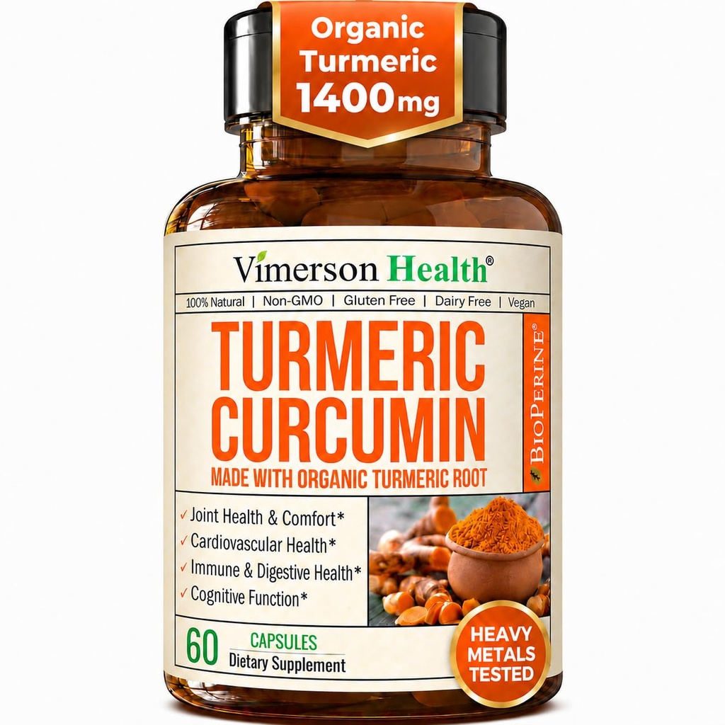 תוסף Turmeric Curcumin עם Black Pepper Extract - High Potency Organic Turmeric 1400 מ"ג ו-95% Curcuminoids לבריאות משותפת וחוסן - תוספת תמיכה משותפת - 60 קפסולות טבעוניות