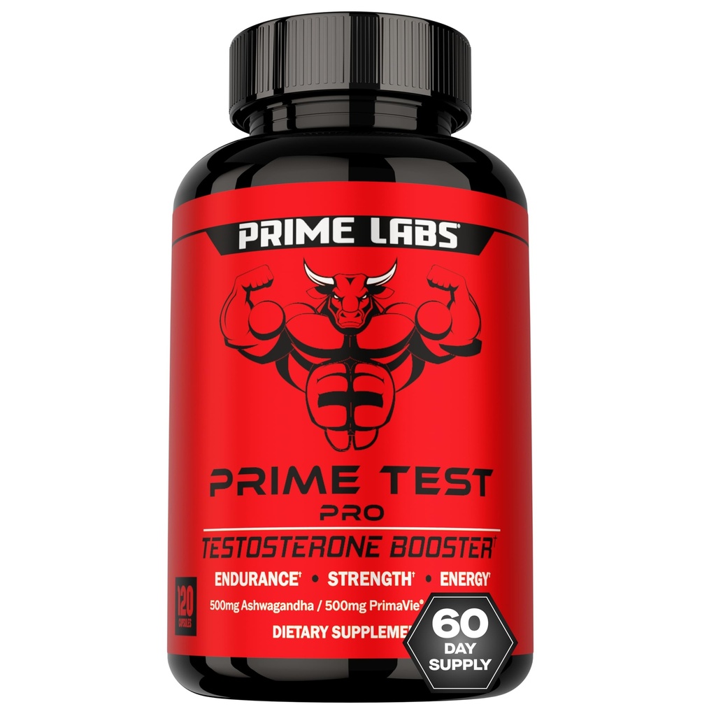 Prime Labs Prime Test Pro - Testosterone Supplement for Men - Test, Vitality, & Energy Booster - with Ashwagandha, PrimaVie Shilajit Extract, & DIM - 120 Capsules