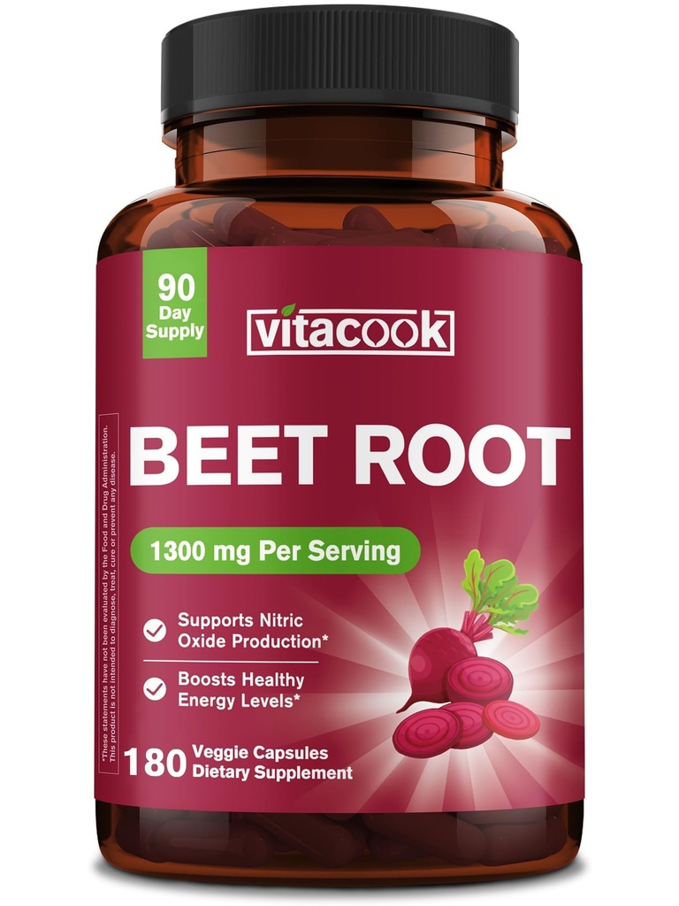 Beet Root Capsules, 1300mg Per Serving, Supports Nitric Oxide Production, Energy & Daily Wellness, Vegan, No Gluten, 180 Capsules
