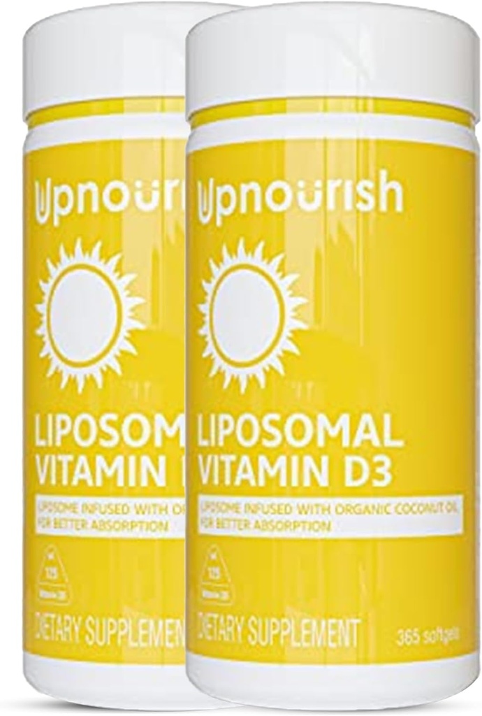 UpNourish 2 Pack - ויטמין D 5000 IU 730 רכות, כולסטרול ויטמין D3 עם שמן קוקוס טבעי, תוסף VIT D3