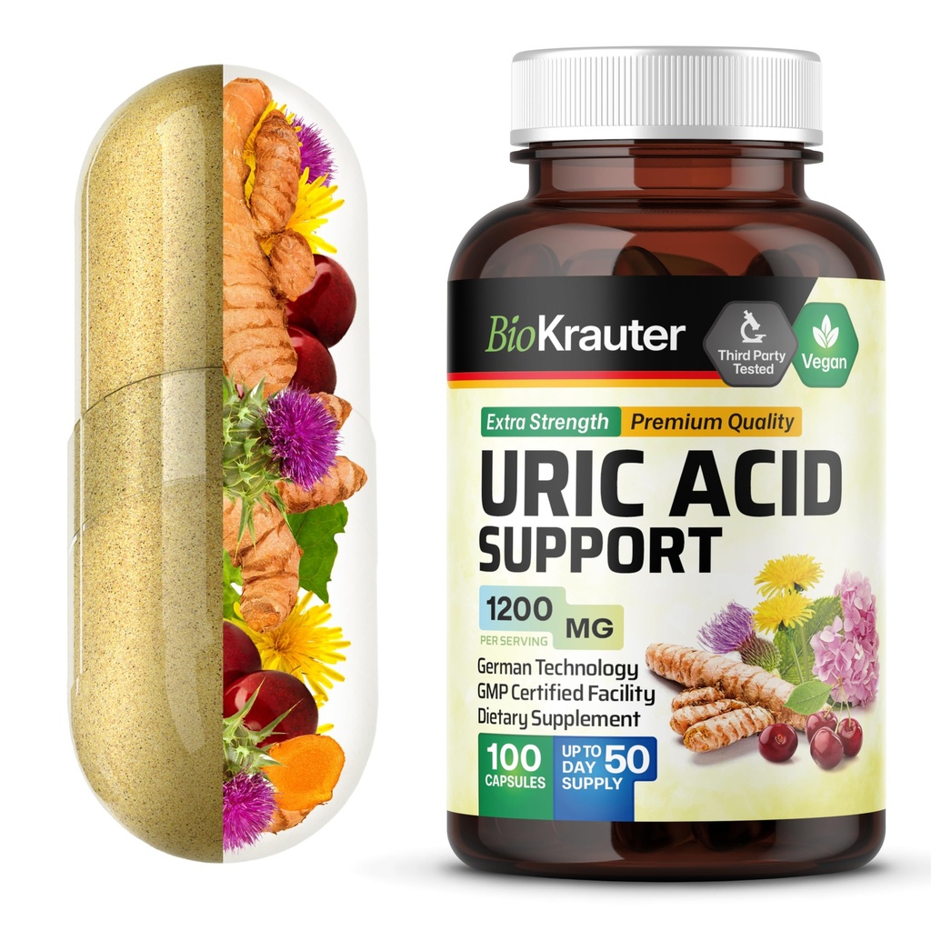 BIO KRAUTER Uric Acid תומך קפסולות 1200 מ"ג בלגן - 100 Count - תוספי Kidney ו-Tart Cherry 10:1 Extract - חלב Thistle & Turmeric Extract - טבעוני טבעוני