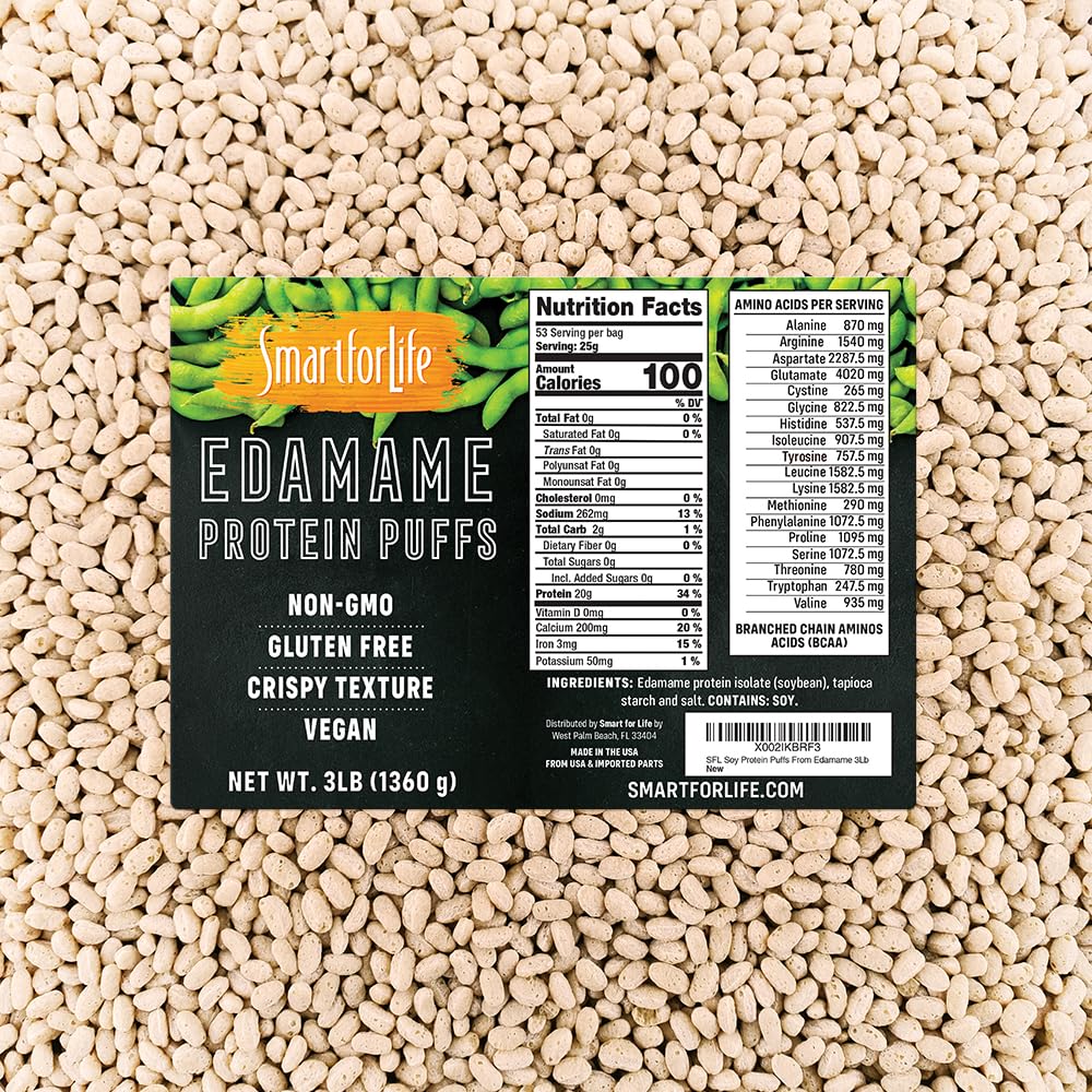 חכם לחיים Soy חלבונים Puffs מ Edamame - חלבון גבוה אפס סוכר Soy חלבון Isolate Puffs - 20 חטיפים חלבון דקדוק - non-GMO, Gluten-Free - 3 פאונד Box - 53 משרתים - Soy Puffs...