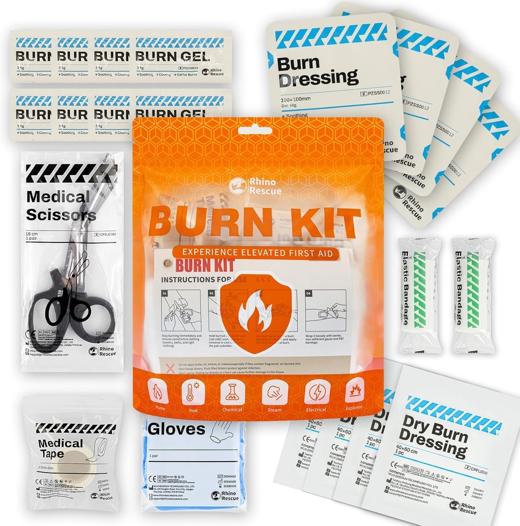 RHINO RESCUE Burn Kit, 4pcs Burn Dressings 4x4", 8pcs Burn Gel Packets 3.5g, 4pcs Burn Pads, First Aid Kit Cooling Sooound Cream Relief with Bandage, Nitrile Gloves, Scisors, Tape, HSA/FSA Eligibleed