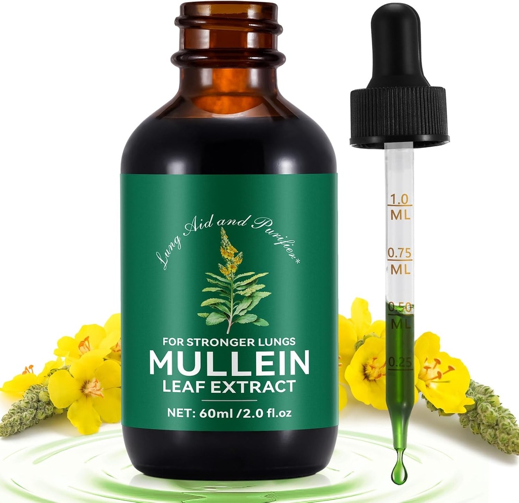 Mullein טיפות עבור Lungs 2 Fl Oz, Natural Mullein Leaf טיפות, מהיר Absorption נוזל מולליין תוספת, Lung ניקויse, 1 חודש אספקה