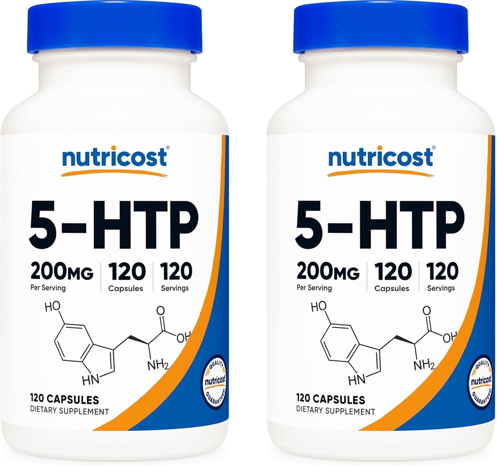 אומגה 5HTP 200 מ"ג, 120 קפסולות צמחוניות (5-Hydroxytryptophan) - Non-GMO & Gluten חינם (2 בקבוקים)