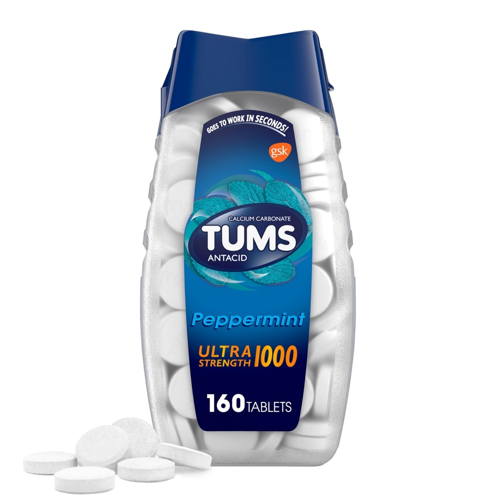 TUMS Ultra Power Chewable Antacid Tablets for Heartburn Relief, Pepperנט - 160 הרוזן