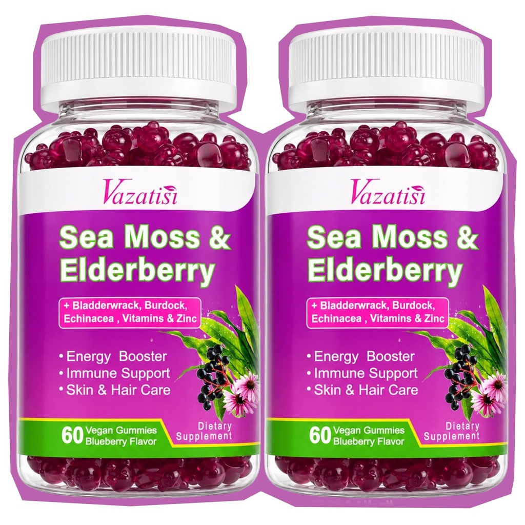 2 Pack Elderberry Gummies with Sea Moss, Extra Strength Elderberry with Vitamin C, Zinc for Immune Support for Adults, Kids, Women & Men, Blueberry Flavor 120Cts