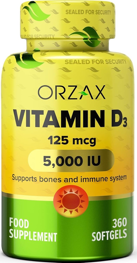 ORZAX ויטמין D3 5000 iu (125 mcg) - Non-GMO, Gluten Free, Sugar Free, Milk Free - 1 Year Supply for Strongשרירים and Immune Support - Mood Supplement for Wellness (360 Softgel)