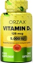 ORZAX ויטמין D3 5000 iu (125 mcg) - Non-GMO, Gluten Free, Sugar Free, Milk Free - 1 Year Supply for Strongשרירים and Immune Support - Mood Supplement for Wellness (360 Softgel)